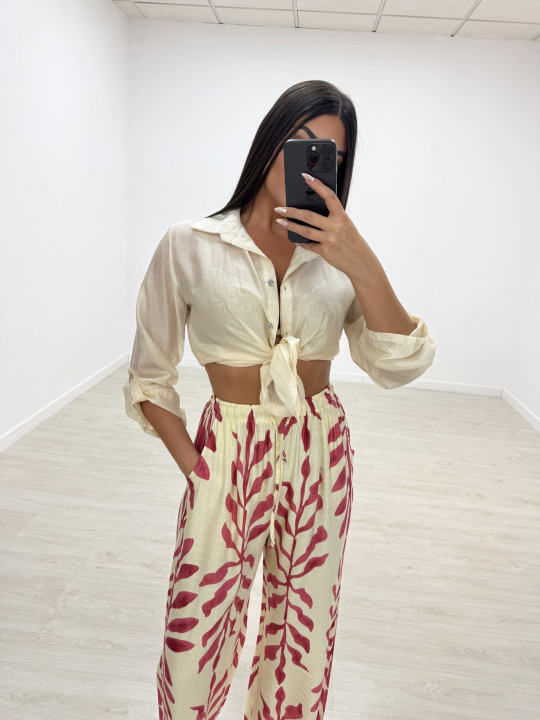 PANTALÓN FLUIDO HOJAS ROSA